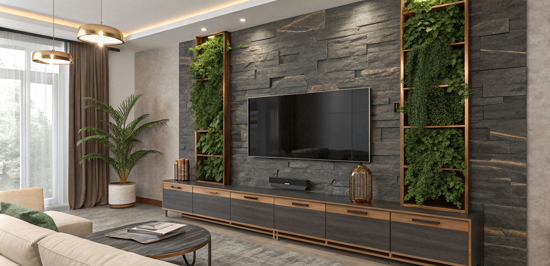 Modern Wall-Mounted TV Unit Design with Wooden TV Console and Brick Accent Wall