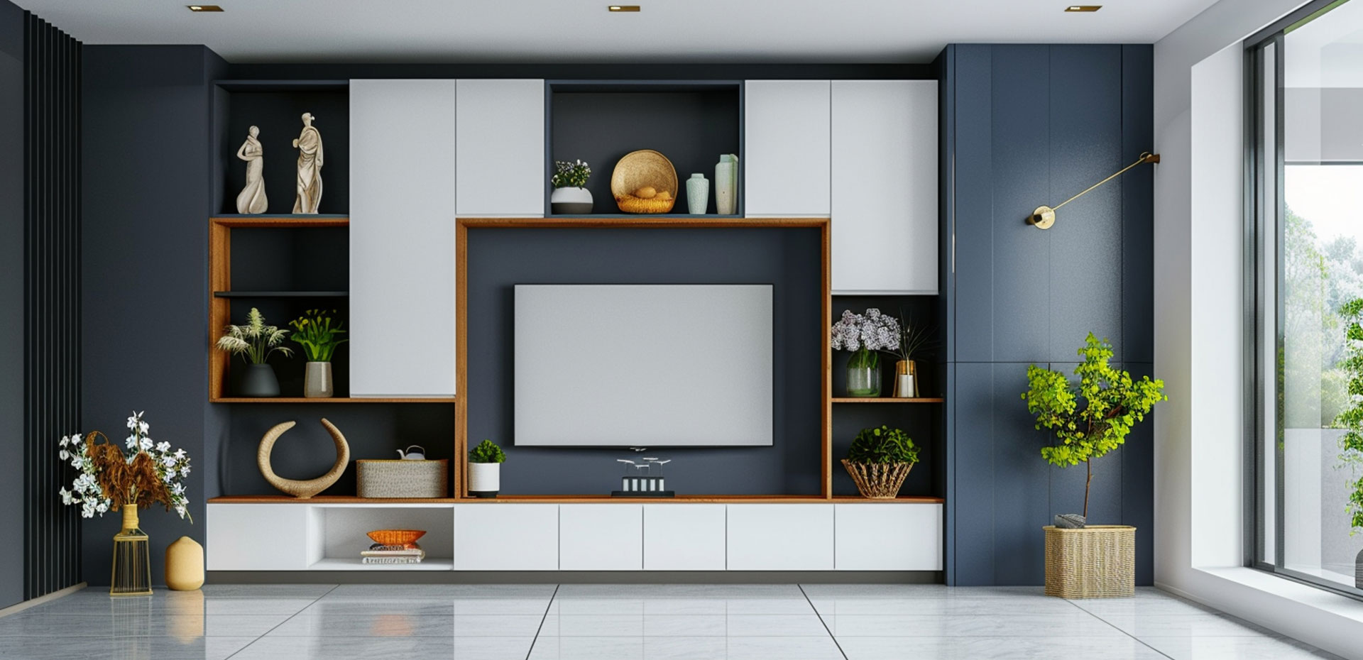 Contemporary TV Unit Design with Open and Close Storage with Blue Backsplash Wall