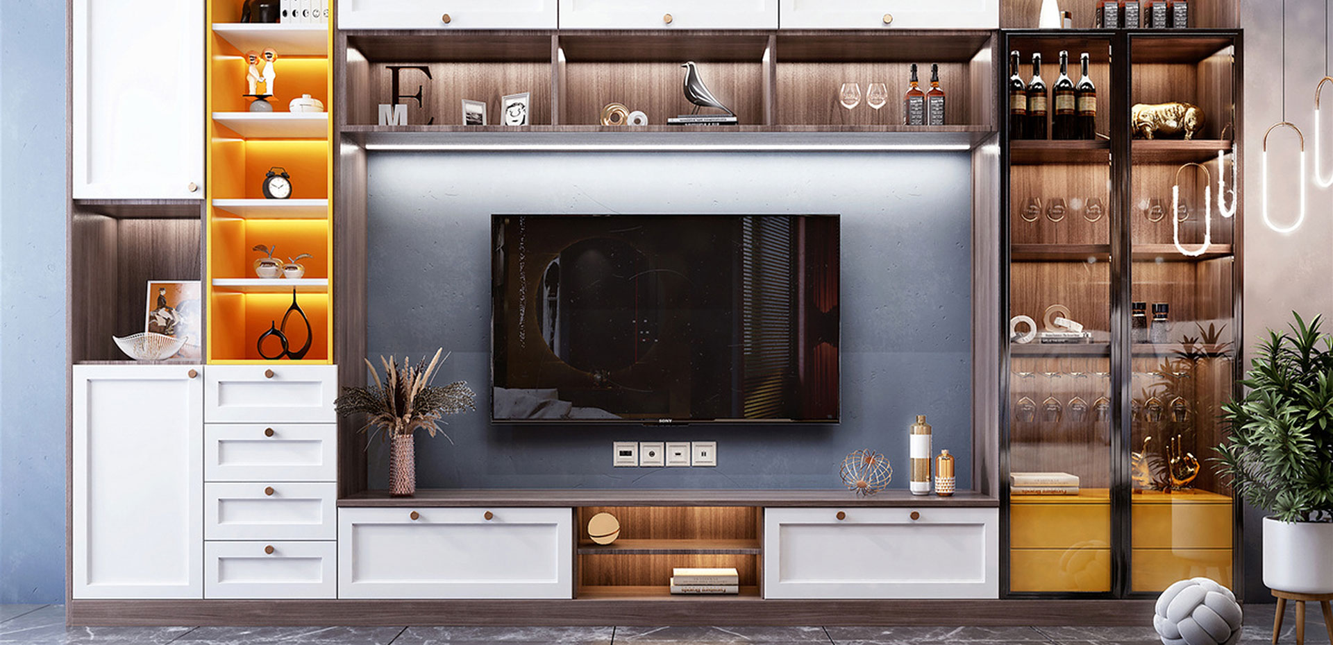Modern Glossy TV Unit Design With Drawers and Open Shelves