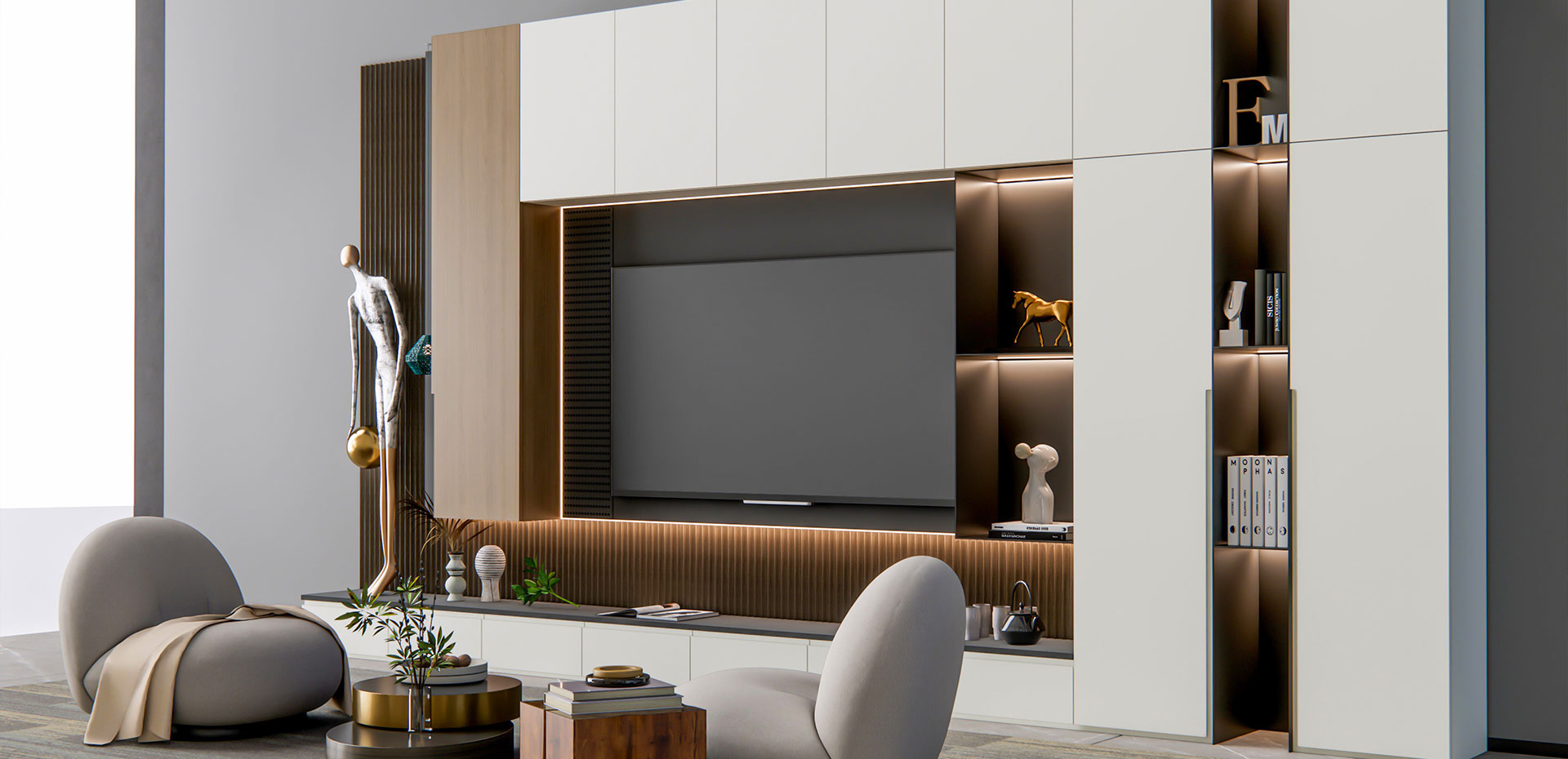 Walnut Contemporary TV Unit Design with Suede Finish and Back Fluted Panel