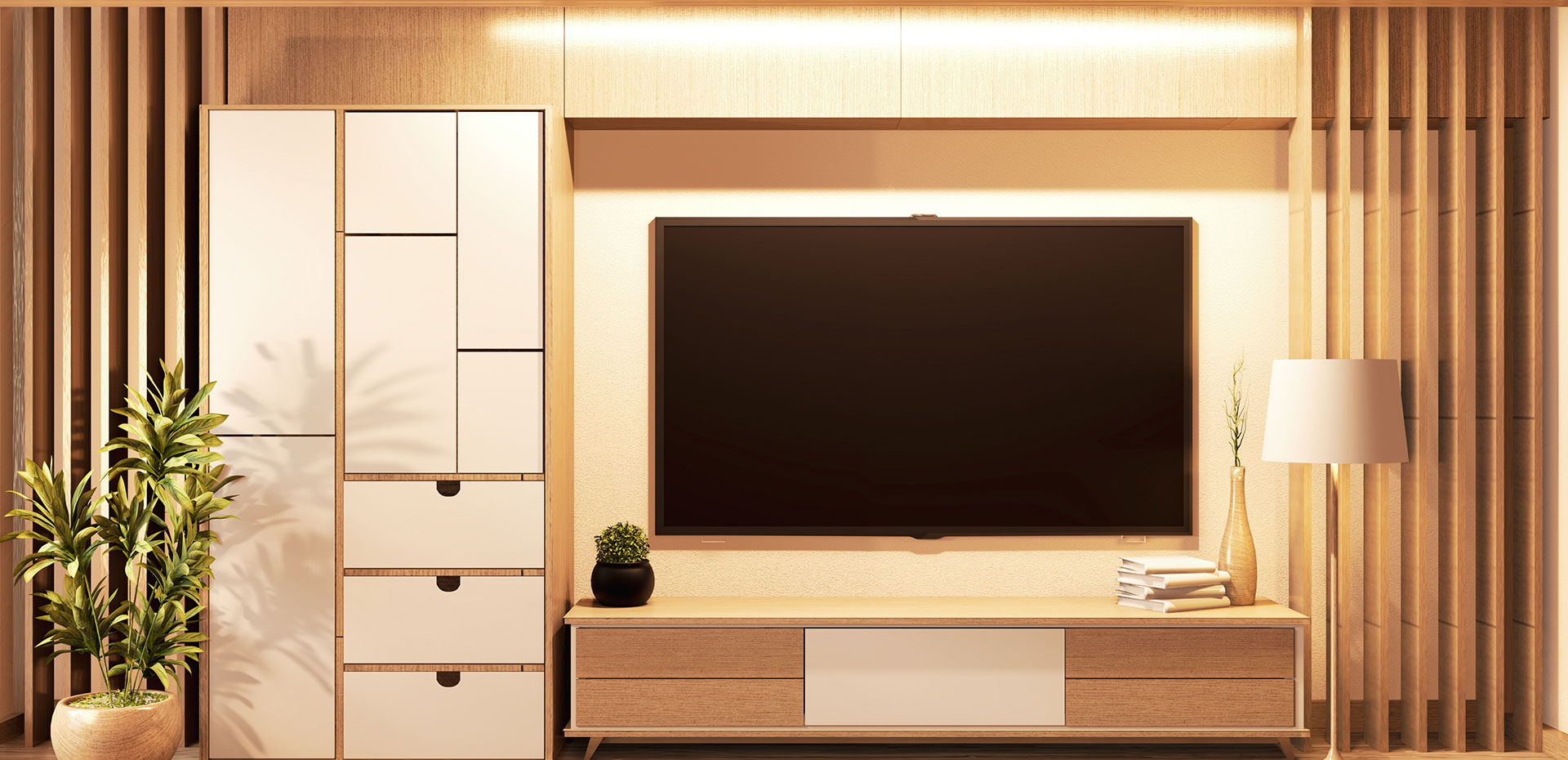 Minimal TV Unit Design With Integrated Storage Panels and Drawers