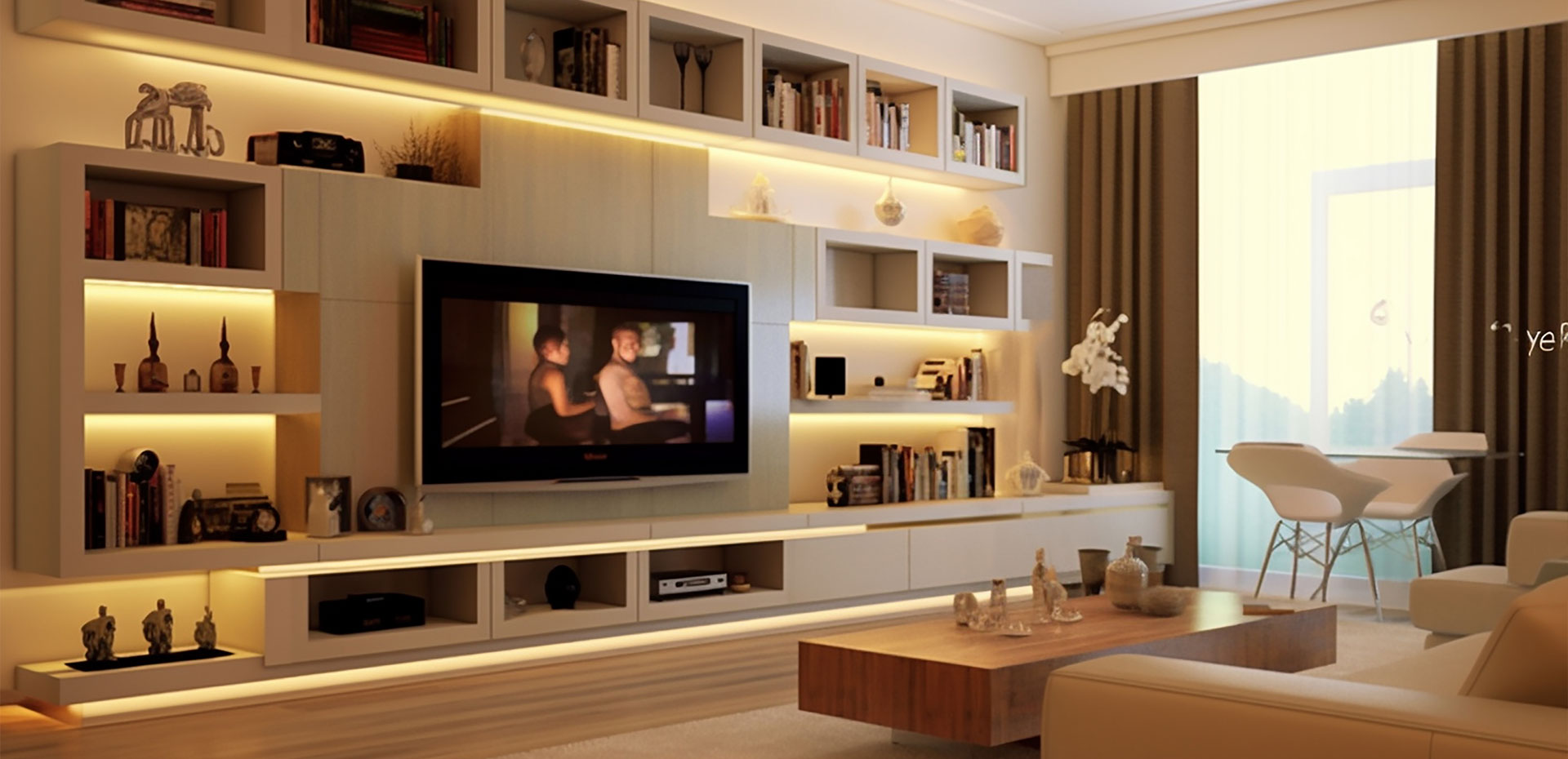 Contemporary TV Unit Design with Backlit Shelf and Floating Cabinets