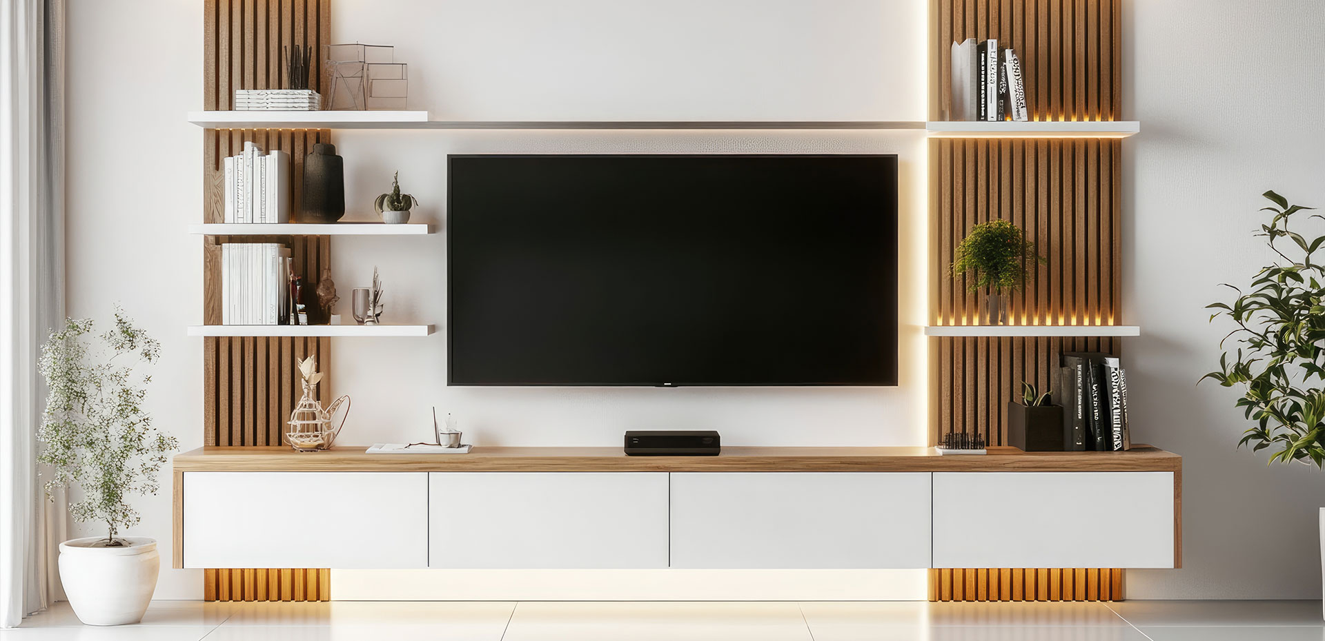 Modern White TV Unit Design With Fluted Panel and Backdrop Lighting