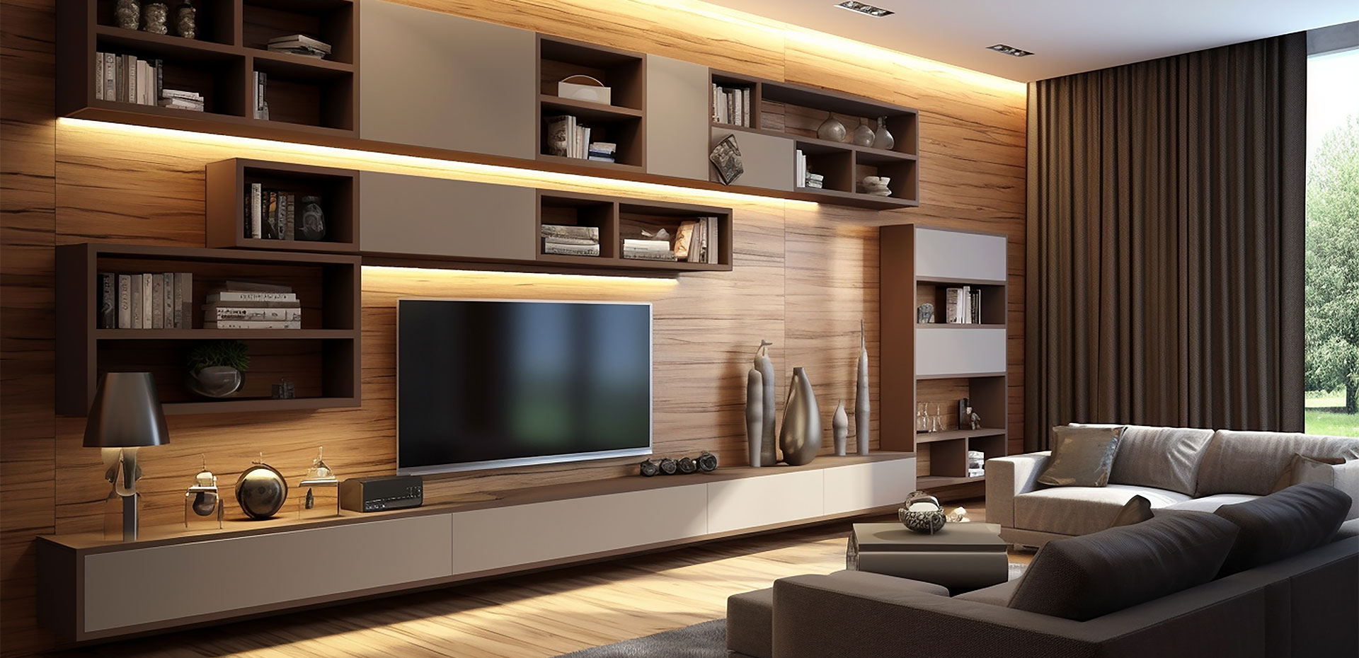 Modern TV Unit Design With Wall Mounted Open and Close Storage