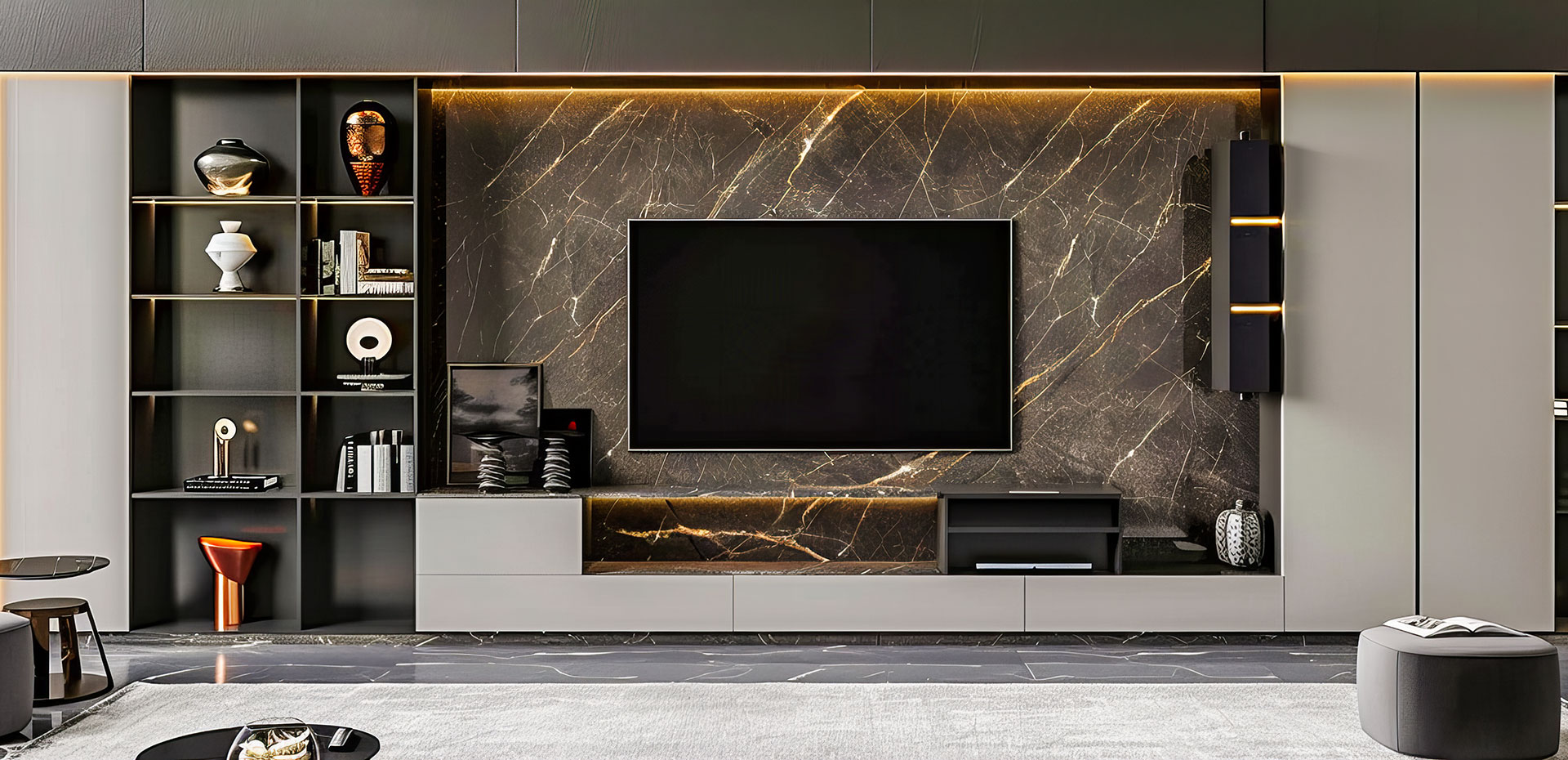Modern TV Unit Design in Back Dark Brown Marble with Open Shelves