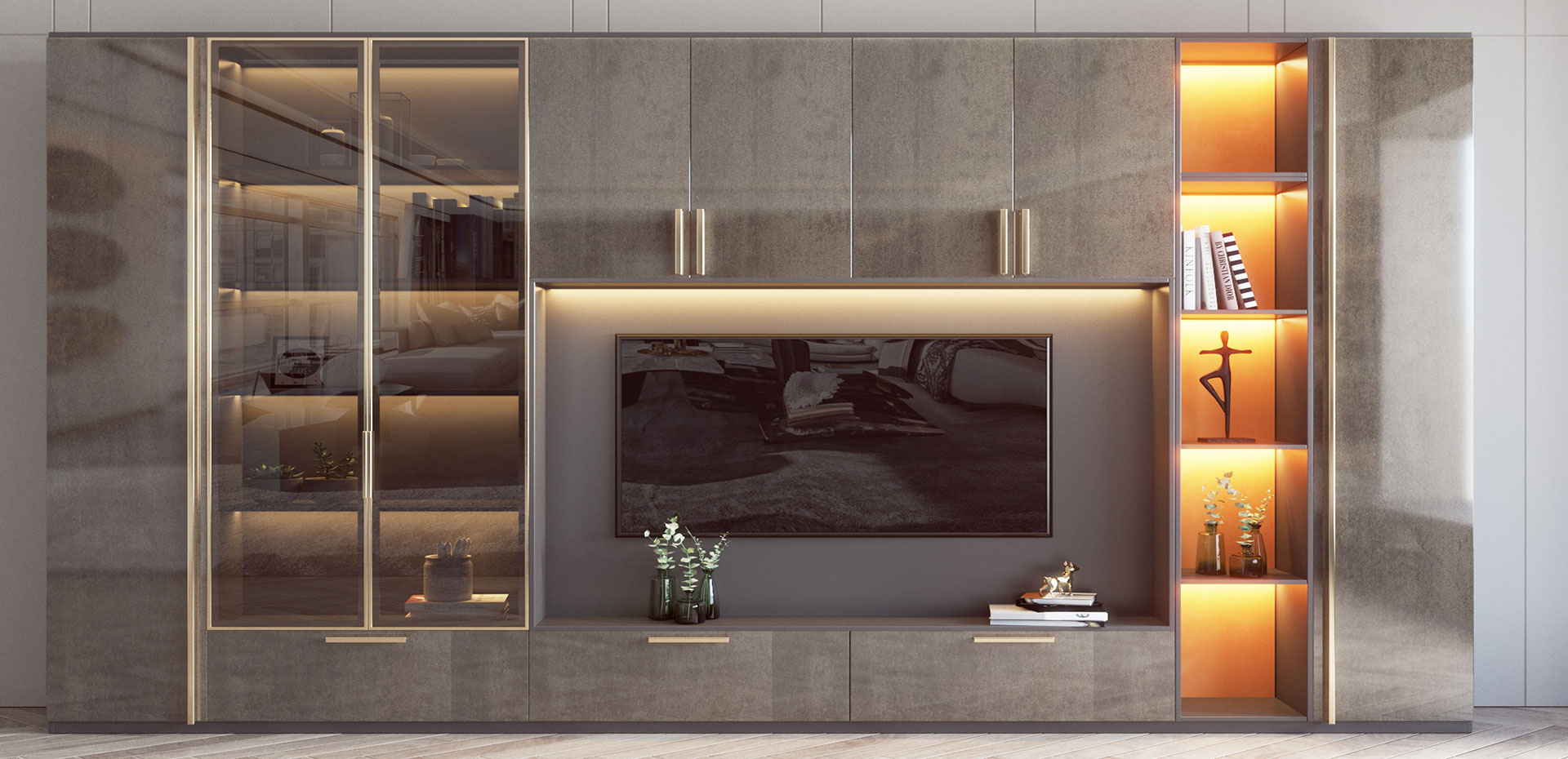 Acrylic Modern TV Unit Design With Open And Closed Storage