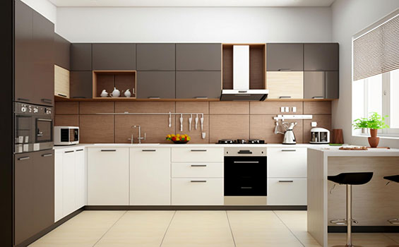 L-Shaped Modular Kitchen with Brown and White Cabinets