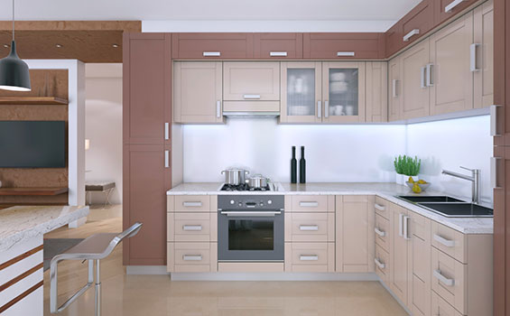 L Shaped Kitchen Design with Cappuccino Gloss Cabinets