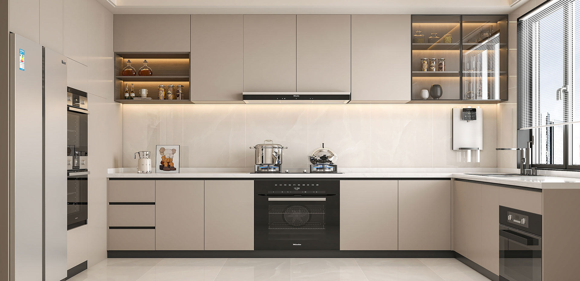 Modern L Shape Modular Kitchen Cabinets With Textured Veneer Finish