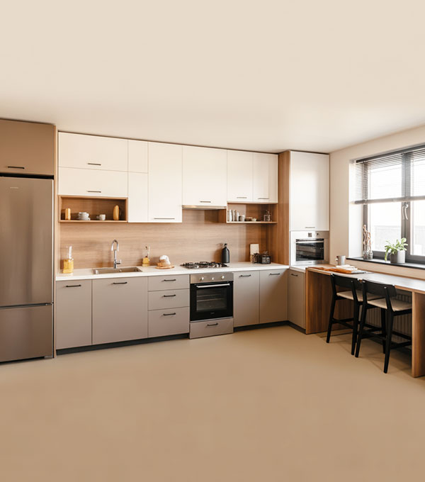L-Shaped Modular Kitchen with Brown and White Cabinets