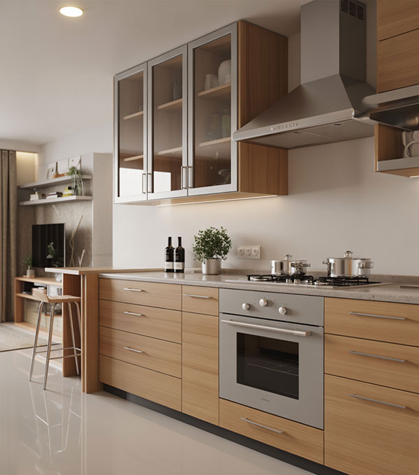 L Shaped Kitchen Design with Cappuccino Gloss Cabinets