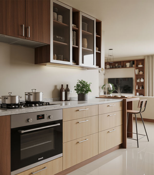 L Shaped Kitchen Design with Cappuccino Gloss Cabinets