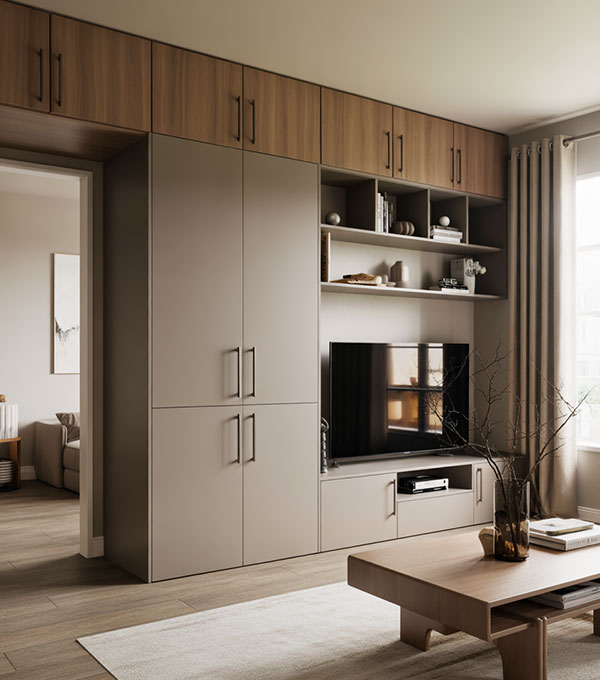 Modern Bedroom Interior with Built Wardrobe TV Unit