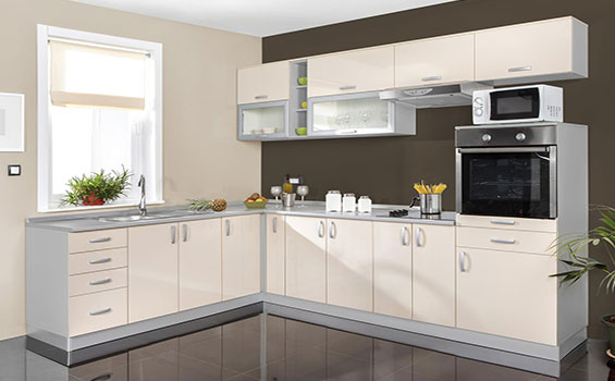 Contemporary Cream L-Shaped Kitchen with Glossy Cabinets