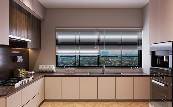 Contemporary Cream L-Shaped Kitchen with Cream Suede Finish Cabinet