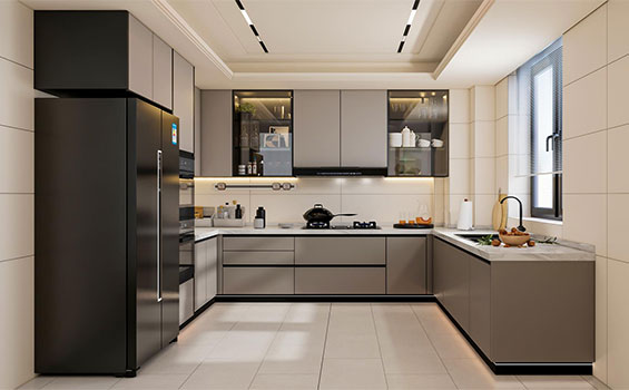 Modern U-Shaped Kitchen with Glossy Beige and Light Brown Cabinet