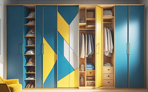Modern Sliding Wardrobe with Yellow and Blue Door Panels