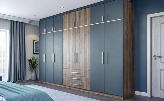 Modern 7-Door Swing Wardrobe with Handles and Overhead Cabinets