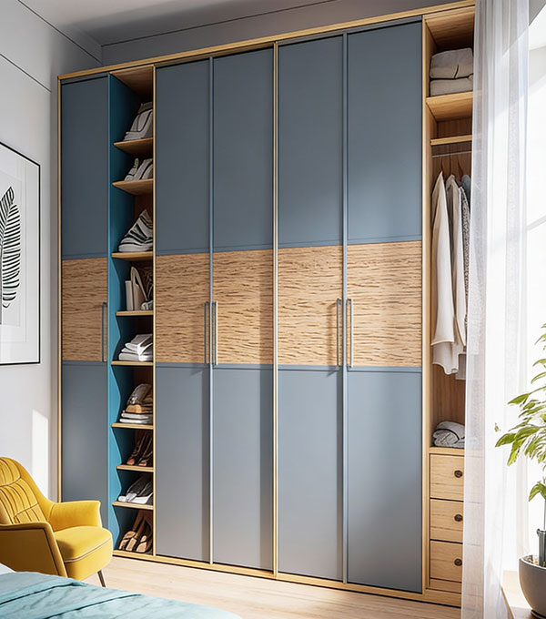 Modern 7-Door Swing Wardrobe with Handles and Overhead Cabinets