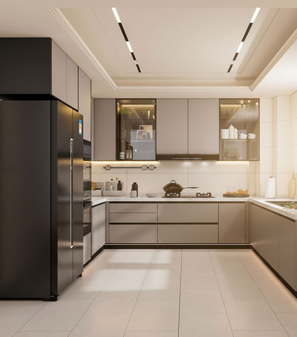 Modern U-Shaped Kitchen with Glossy Beige and Light Brown Cabinet