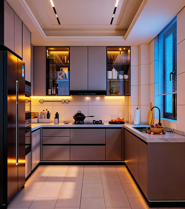 Modern U-Shaped Kitchen with Glossy Beige and Light Brown Cabinet