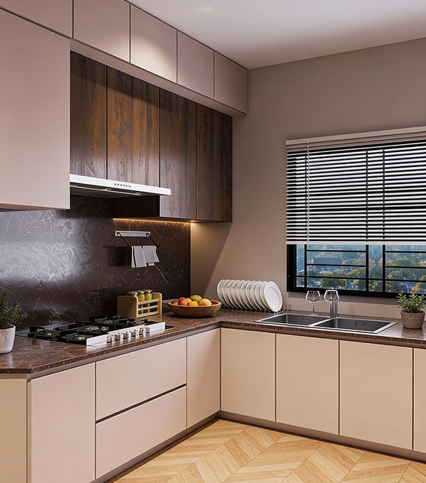 Contemporary Cream L-Shaped Kitchen with Cream Suede Finish Cabinet