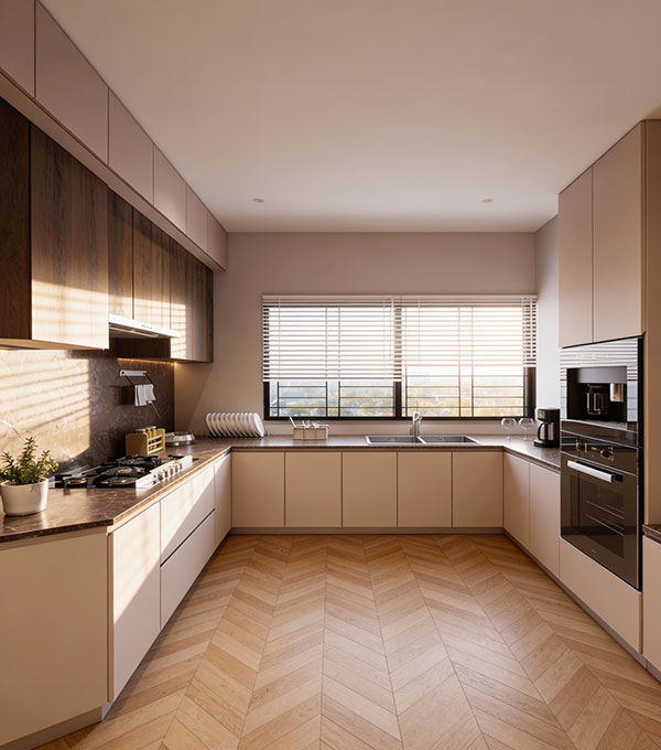 Contemporary Cream L-Shaped Kitchen with Cream Suede Finish Cabinet