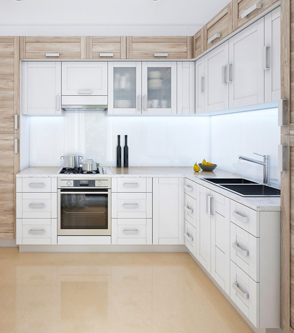 Contemporary Cream L-Shaped Kitchen with Glossy Cabinets