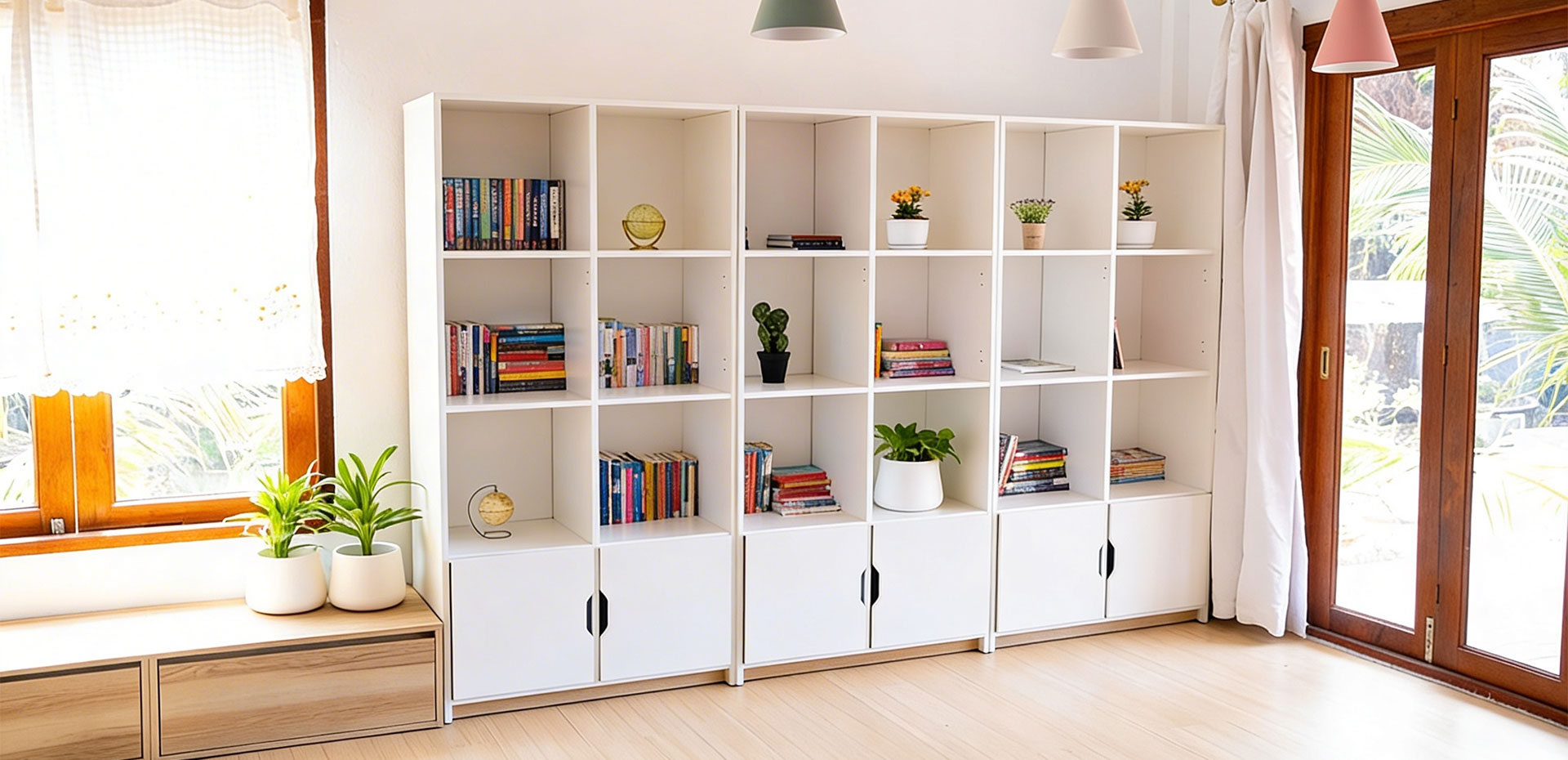 Living Room with Unique White Bookshelf Storage