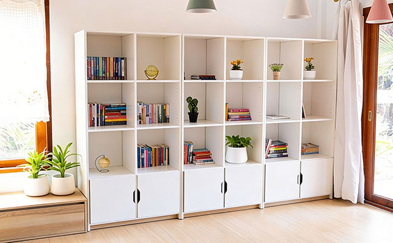 Living Room with Unique White Bookshelf Storage