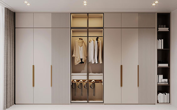 Modern 6-door Wardrobe Cream Suede Finish with Fluted Glass Shutters Modern 6-door Wardrobe Cream Suede Finish with Fluted Glass Shutters