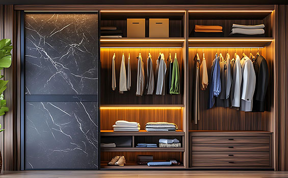 Modern Sliding Wooden Wardrobe with Open Shelves and Marble Laminate Modern Sliding Wooden Wardrobe with Open Shelves and Marble Laminate