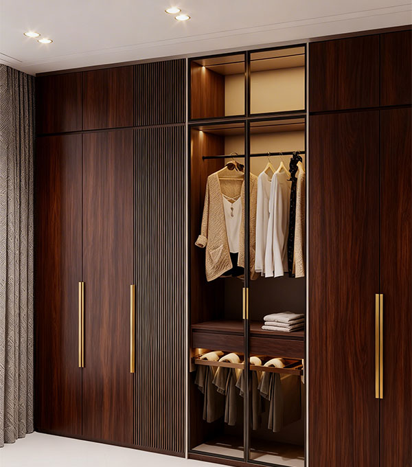 Modern 6-door Wardrobe Cream Suede Finish with Fluted Glass Shutters