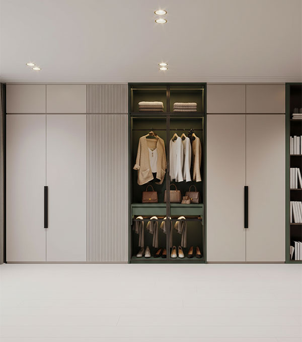 Modern 6-door Wardrobe Cream Suede Finish with Fluted Glass Shutters