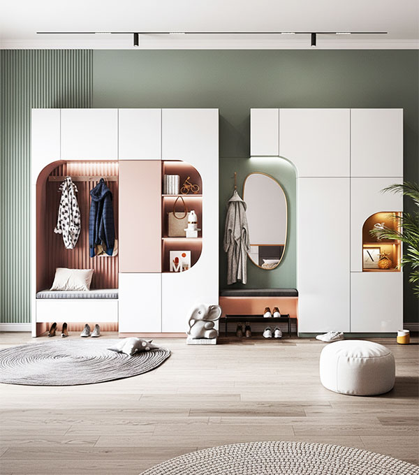 Modern Swing Wardrobe with Seating Nook Storage and Open Shelves