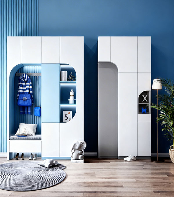 Modern Swing Wardrobe with Seating Nook Storage and Open Shelves