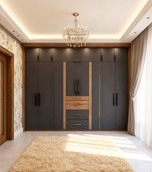 Contemporary 4-Door Swing Wardrobe Design with Overhead Storage and Cabinets