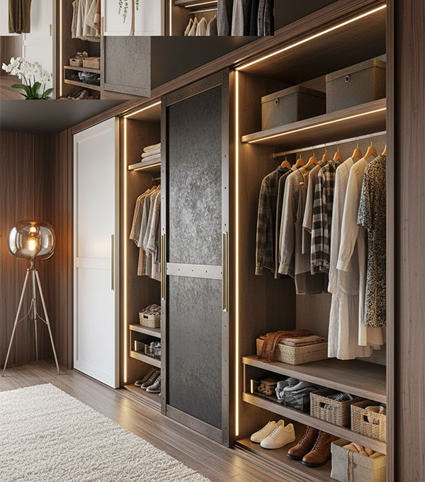 Modern Sliding Wooden Wardrobe with Open Shelves and Marble Laminate