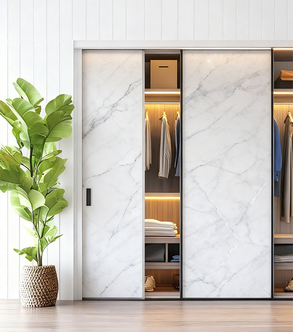 Modern Sliding Wooden Wardrobe with Open Shelves and Marble Laminate