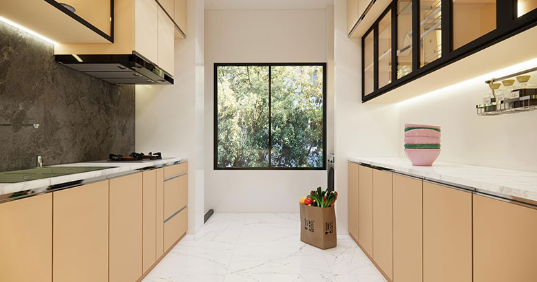 Modern Parallel Modular Kitchen Design With Smart Storage Cabinets