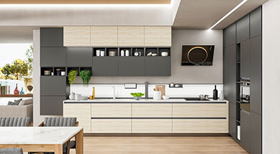 Stylish Acrylic Inline Kitchen Design With Smart Storage Cabinets