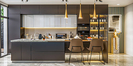 Stylish Acrylic Inline Kitchen Design With Smart Storage Cabinets