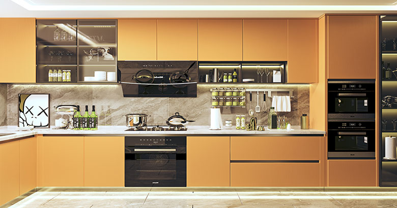 Acrylic Shutters Inline Kitchen Interior With Glossy Cabinet Finish