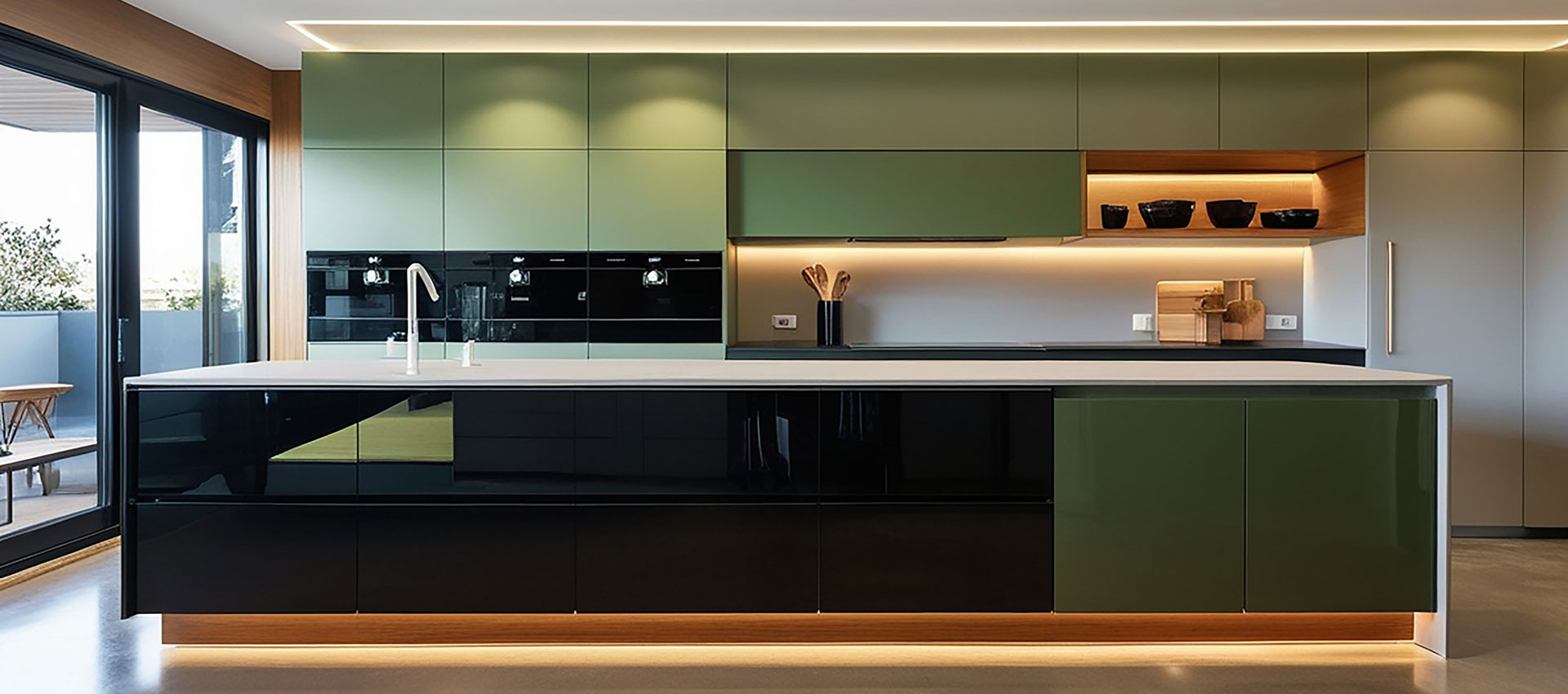 Acrylic Shutters Inline Kitchen Interior With Glossy Cabinet Finish