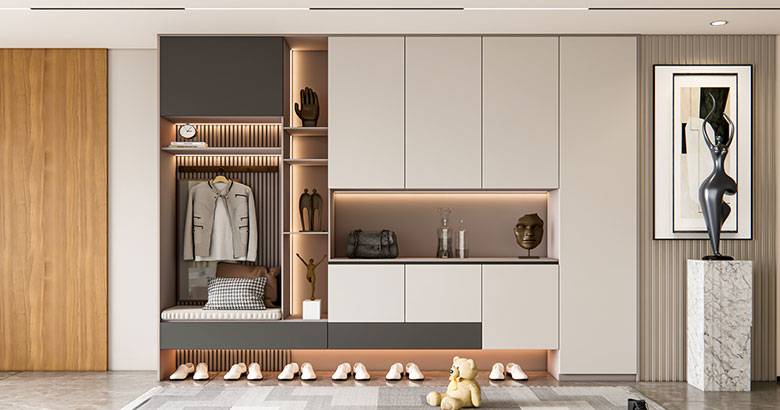 Modern 6-door Wardrobe Cream Suede Finish with Fluted Glass Shutters