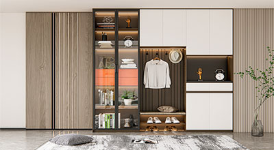 Modern 6-door Wardrobe Cream Suede Finish with Fluted Glass Shutters