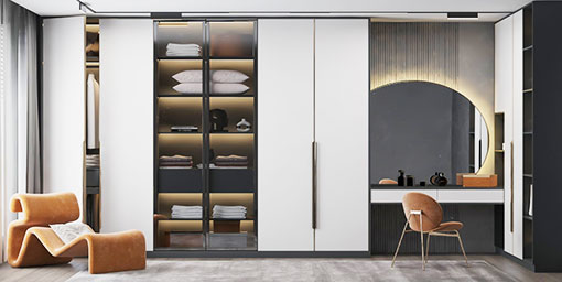 Modern 6-door Wardrobe Cream Suede Finish with Fluted Glass Shutters