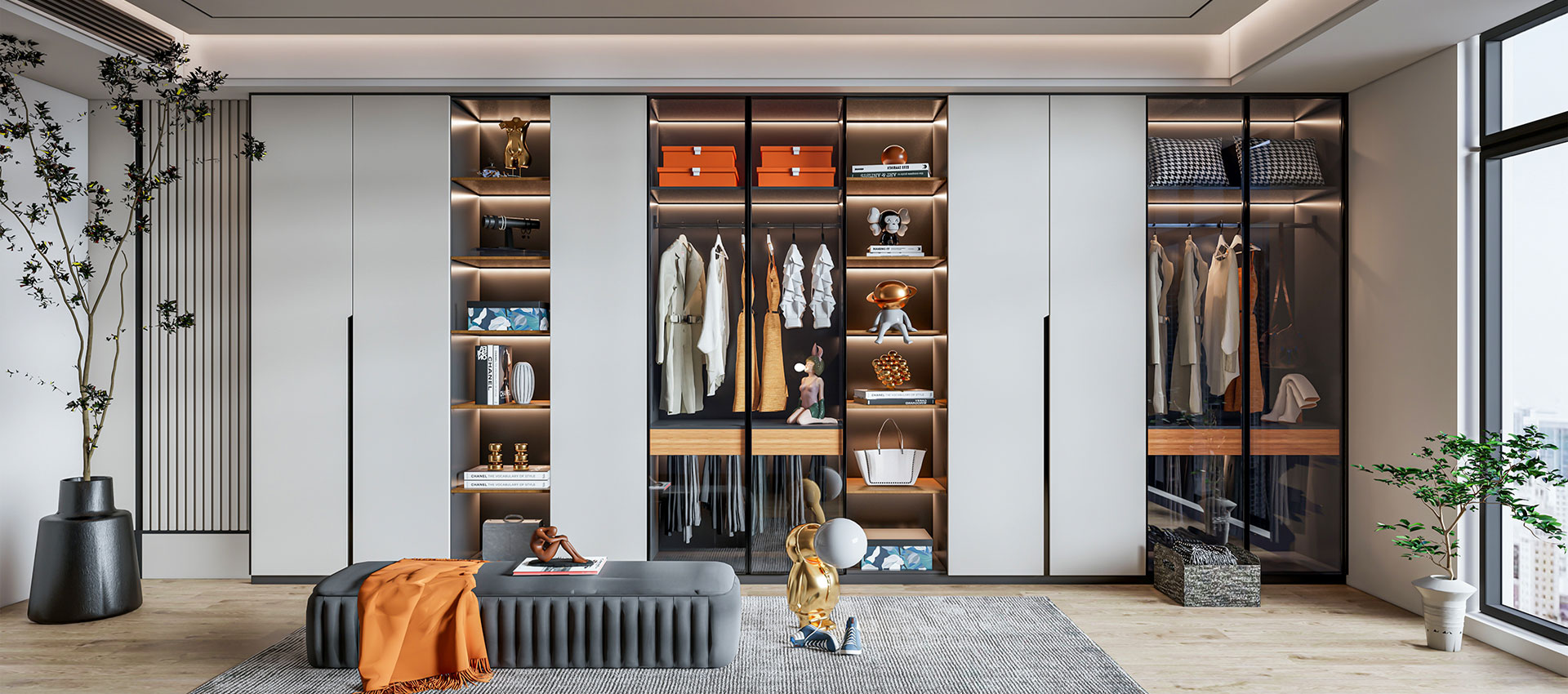 Modern 6-door Wardrobe Cream Suede Finish with Fluted Glass Shutters