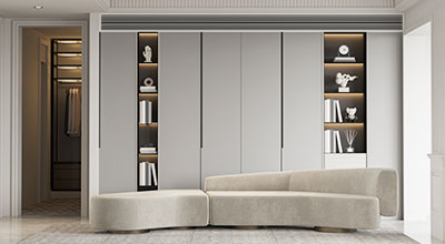 Contemporary 6-door Wardrobe Design with Open Shelves and Cabinets