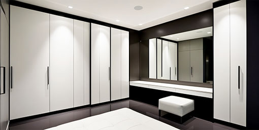 Contemporary 6-door Wardrobe Design with Open Shelves and Cabinets
